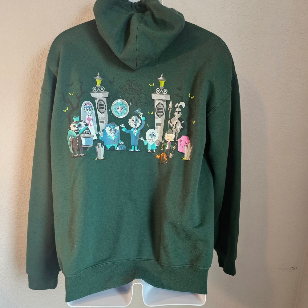 Haunted Mansion green zip up hoodie size large three thumbs up hat box ghost - Picture 3 of 5
